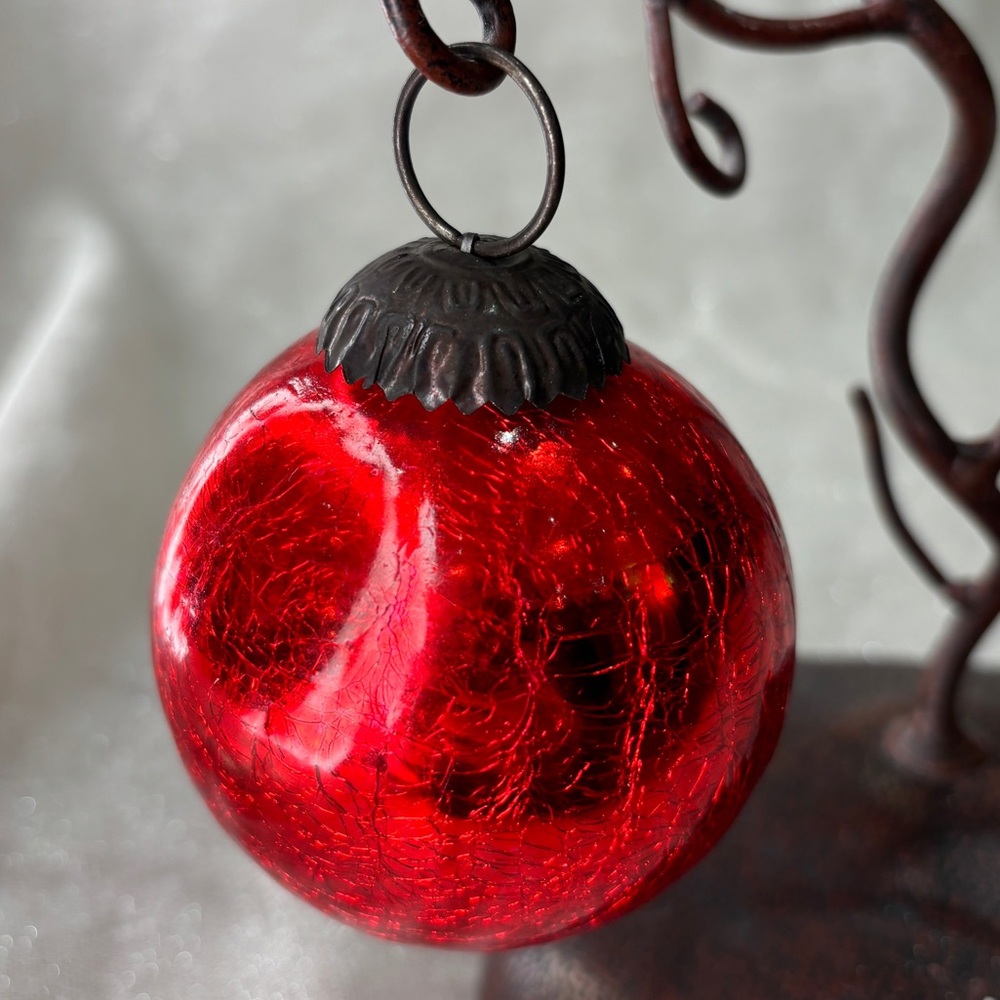 Vtg Heavy Mercury Crackle Glass Red Christmas Ornament Mirrored Kugel Glass